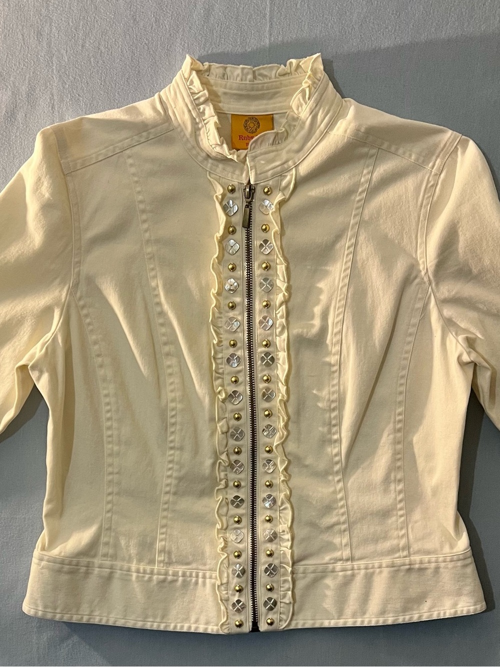 Ruby Rd. Ivory Ruffle-Trim Embellished Jean Jacket